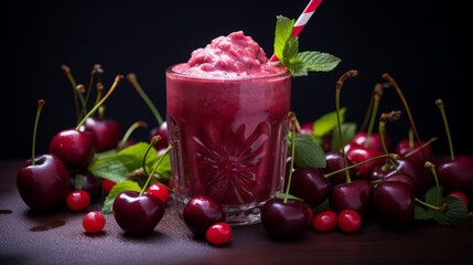 Sweet cherry smoothie drink in glass with mint leaves and fresh cherries. Food photography. Horizontal format, for bar menu. AI generated.