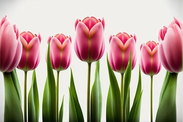 a group of pink flowers with green leaves in front of a white background with a light reflection in the middle of the picture and a white background with a light reflection of the flowers in the.
