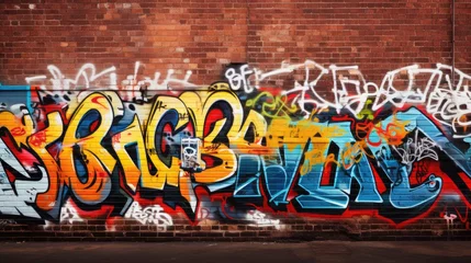 Photo sur Plexiglas Graffiti brick wall graffitied with letters graffiti on the wall