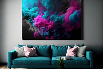 a painting on a wall above a couch in a room with a blue couch and a pink and blue painting on the wall above it and a green couch with a pink pillow on top.
