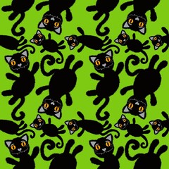 Halloween cartoon black cats seamless animals fluffy monsters pattern for wrapping paper and fabrics and linens
