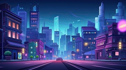 City street with houses and buildings with glowing city at night wallpaper background night traffic in the city