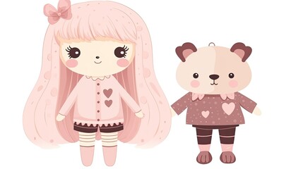cute girly fashionable bear doll with little dog vector