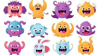 Cute monsters in trendy contemporary art style Vector set of funny monsters