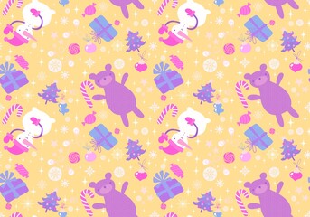 Christmas cartoon seamless bears and snowman and gift box and candy pattern for wrapping paper and fabrics