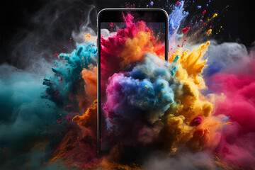 Obraz na płótnie Canvas Smartphone pub concept Powerful explosion of powder explosion dust, holi