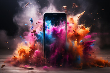 Smartphone pub concept Powerful explosion of powder explosion dust, holi