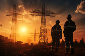 Silhouette workers on background of construction