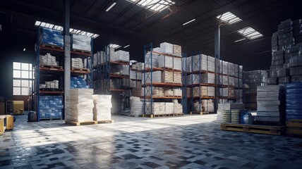 Large industrial warehouse. Tall racks are completely filled with boxes and containers. Many cardboard boxes on pallets in the sorting area. Global logistic concept. 3D illustration.