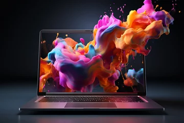 Foto op Canvas Laptop Trendy liquid style shapes abstract design, dynamic smartphone pub concept © © Ai Factory
