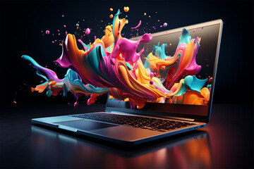 Laptop Trendy liquid style shapes abstract design, dynamic smartphone pub concept