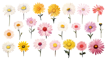 a collection of grunge oil painted daisies isolated on a transparent background, generative ai