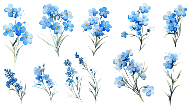a collection of grunge oil painted forget-me-nots isolated on a transparent background, generative ai