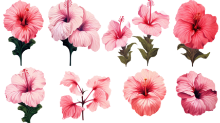 a collection of grunge oil painted hibiscus flowers isolated on a transparent background, generative ai