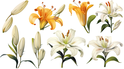 a collection of grunge oil painted lilies flowers isolated on a transparent background, generative ai