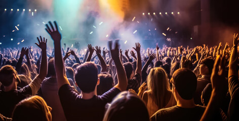 Crowd of cheering fans at summer festival rock concert, view from behind. People enjoying music. Generative AI