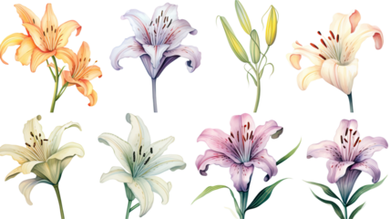 a collection of grunge oil painted lilies flowers isolated on a transparent background, generative ai