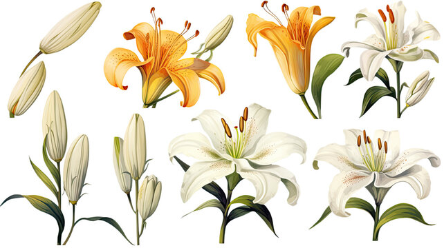 a collection of grunge oil painted lilies flowers isolated on a transparent background, generative ai