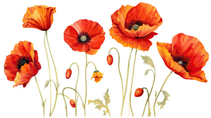 a collection of grunge oil painted poppies flowers isolated on a transparent background, generative ai - Powered by Adobe
