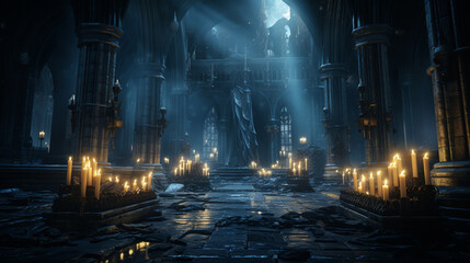 An ancient cathedral in the light of many candles. High quality illustration