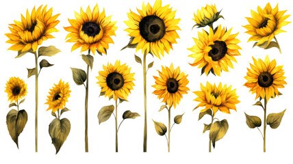 a collection of grunge oil painted sunflowers flowers isolated on a transparent background, generative ai