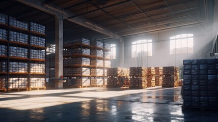 Large industrial warehouse. Tall racks are completely filled with boxes and containers. Many cardboard boxes on pallets in the sorting area. Global logistic concept. 3D illustration.