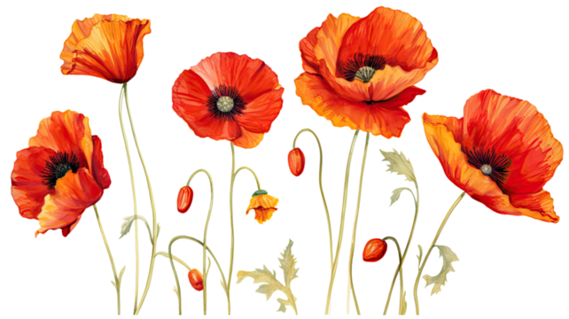 a collection of grunge oil painted poppies flowers isolated on a transparent background, generative ai