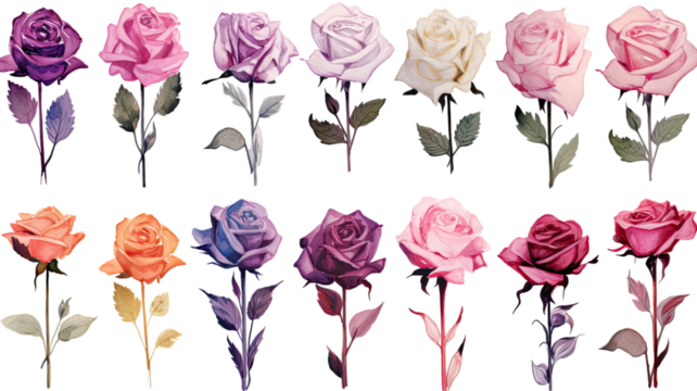 a collection of grunge oil painted roses flowers isolated on a transparent background, generative ai