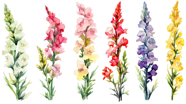a collection of grunge oil painted snapdragons flowers isolated on a transparent background, generative ai