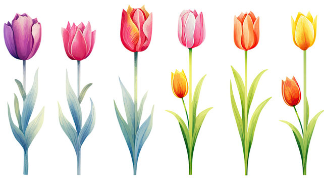 a collection of grunge oil painted tulips flowers isolated on a transparent background, generative ai