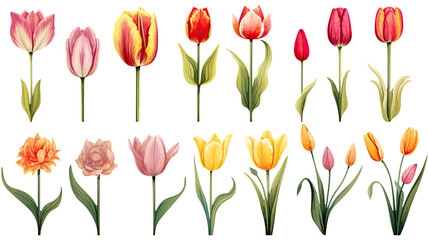 a collection of retro oil painted tulips flowers isolated on a transparent background, generative ai