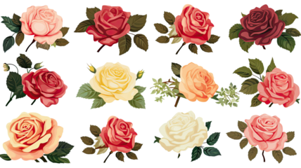 a collection of retro scrapbook roses flowers isolated on a transparent background, generative ai