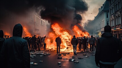 people protesting angry in the street  fire burning in a fireplace