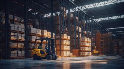 Large industrial warehouse. Tall racks are completely filled with boxes and containers. Many cardboard boxes on the shelves. Forklift in the aisle. Global logistic concept. 3D illustration.