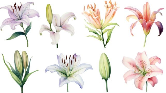 a collection of watercolor lilies flowers isolated on a transparent background, generative ai