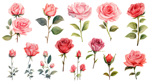 a collection of watercolor roses flowers isolated on a transparent background, generative ai