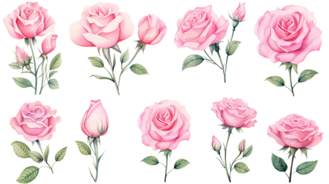 a collection of watercolor roses flowers isolated on a transparent background, generative ai