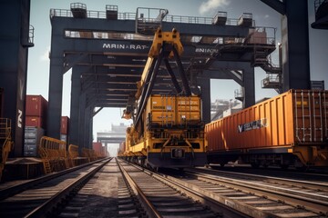 Fototapeta na wymiar View from the ground to a huge port crane. Loading containers from a railway platform onto a container ship. Global of cargo transportation and logistics concept. 3D illustration.