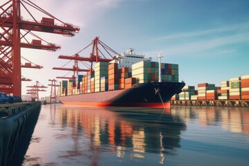 Fototapeta premium Container ship at the berth in cargo terminal of the port under loading or unloading. Port cranes load containers, place them in rows on the deck of the vessel. International freight shipping concept.