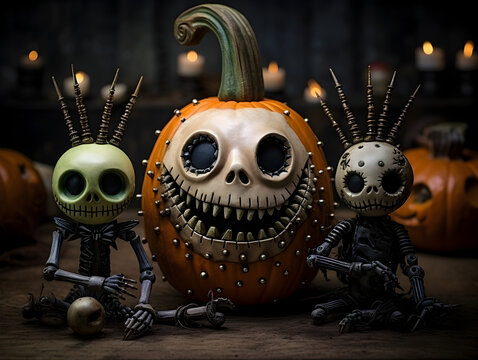 Halloween pumpkin and skeleton decoration, AI generated illustration