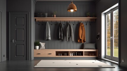 Stylish interior of a hallway in a country house. Gray walls, glazed door, wall hangers, shoe cabinets, plant in a pot, rug on the floor. Modern classic cozy interior. Mockup, 3D rendering.