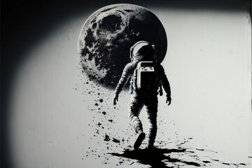 an astronaut walking on the surface of the moon with a backpack on his back and a full moon in the back of the picture behind him, and a black and white background with a.