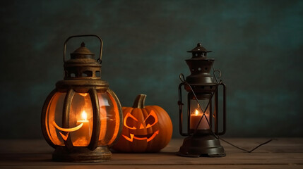 Halloween scary pumpkin, candles and dry leaves on the background of the evening house. Halloween background