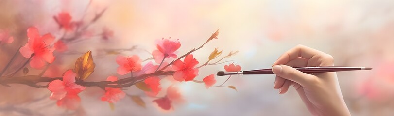 Beautiful hand holding a brush, painting, drawing pastel colorful flowers in watercolor style on an abstract white background, creative, banner, AI generated