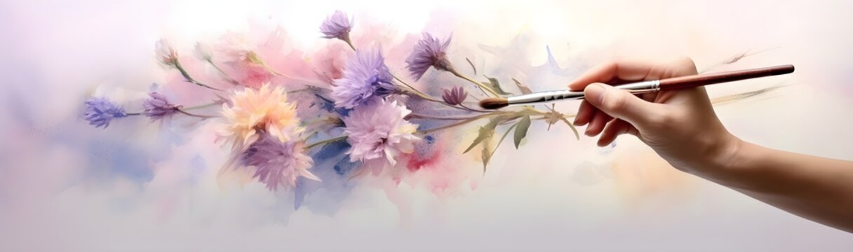 Beautiful hand holding a brush, painting, drawing pastel colorful flowers in watercolor style on an abstract white background, creative, banner, AI generated © Vladislava