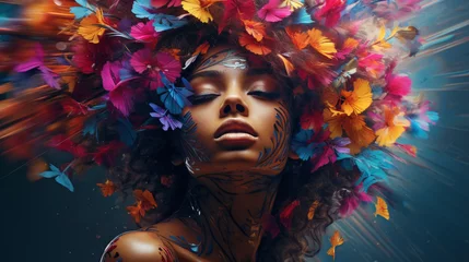Exquisite Dark Beauty: A Perfect Portrait of a Mesmerizing Woman Surrounded by a Kaleidoscope of Vibrant Flowers, Bursting with Colors! Generative AI, Generative KI © augenperspektive