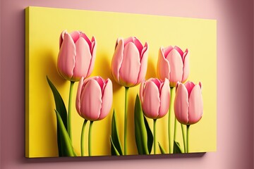 a painting of pink tulips on a yellow background on a yellow wall with a pink wall in the background and a pink wall behind it is a yellow wall with a yellow border.