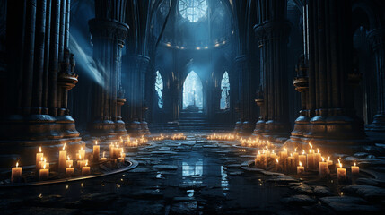 An ancient cathedral in the light of many candles. High quality illustration - obrazy, fototapety, plakaty