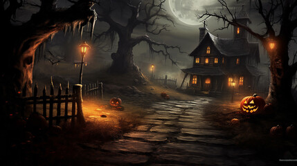 Fototapeta na wymiar halloween scene horror background with creepy pumpkins of spooky halloween haunted mansion Evil houseat night with full moon