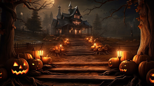 Halloween Scene Horror Background With Creepy Pumpkins Of Spooky Halloween Haunted Mansion Evil Houseat Night With Full Moon